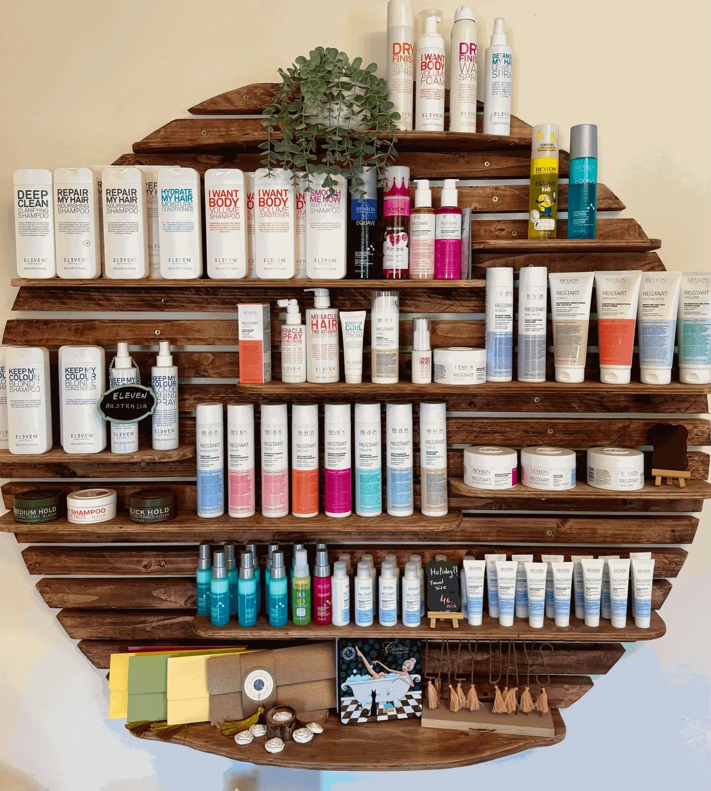 The retail shelf in the salon, stocked with Eleven Australia and Revlon Professional